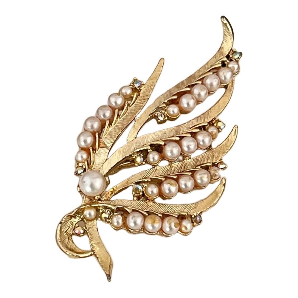 Vintage 1950s Faux Pearl Leaf Brooch Gold Tone Rhinestone Mid Century - 1J